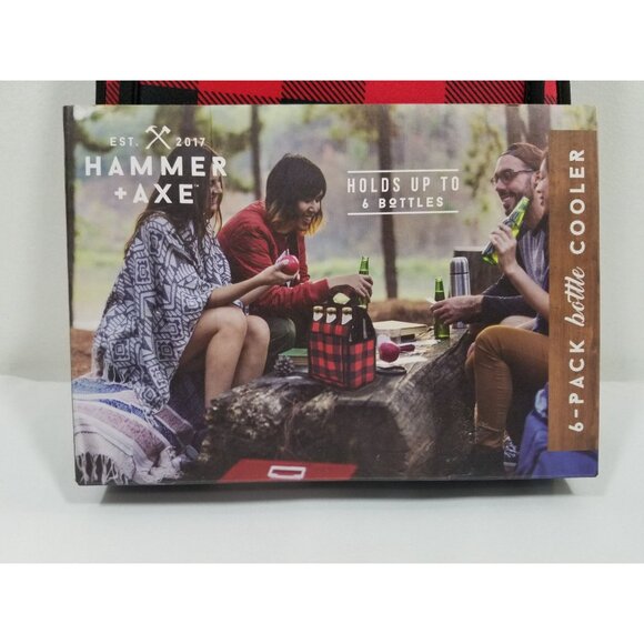 Hammer + Axe 6-Pack Bottle Cooler Carrier Insulated Red & Black Plaid Design - Picture 3 of 7